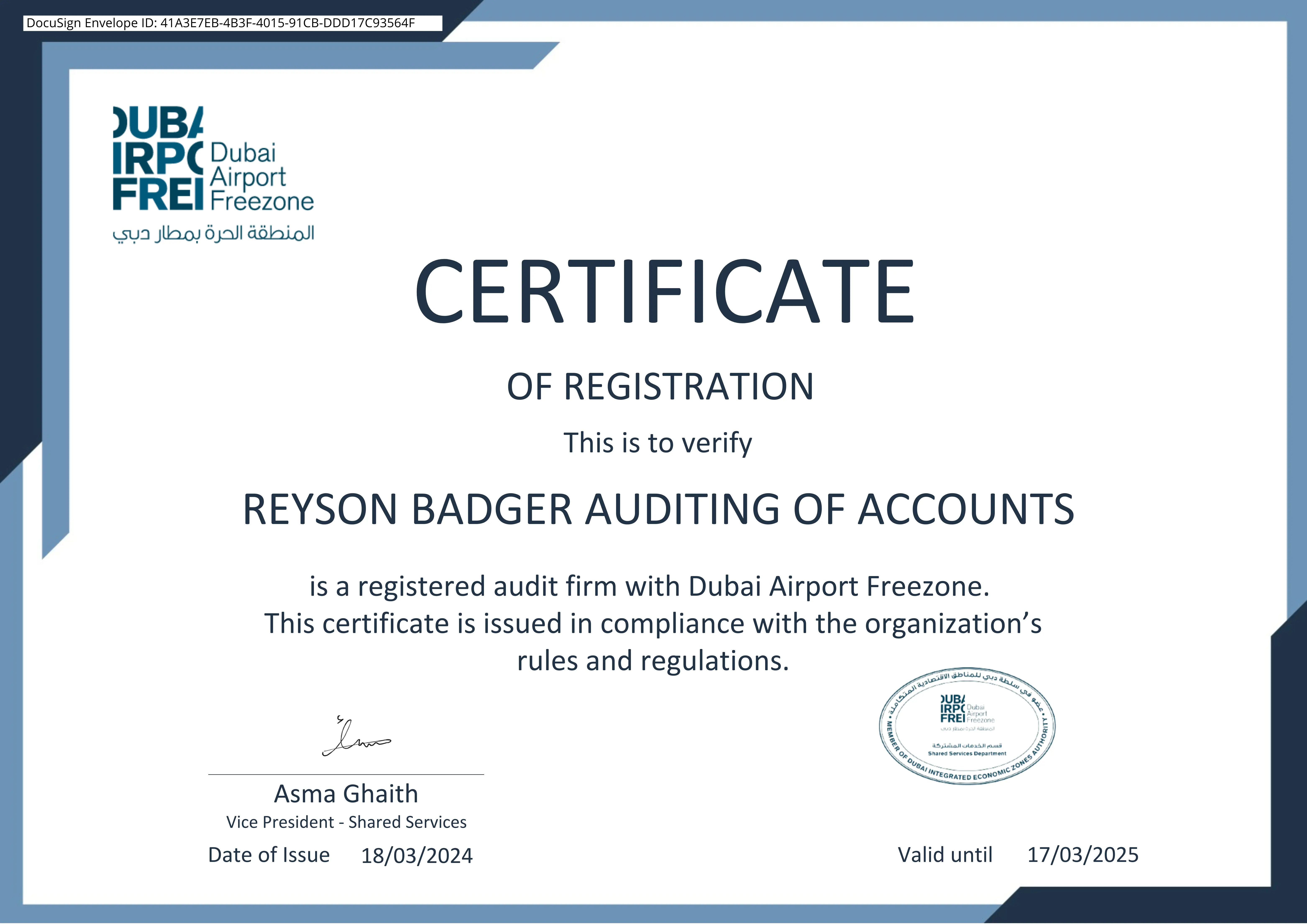 Certificate of Approved Auditors