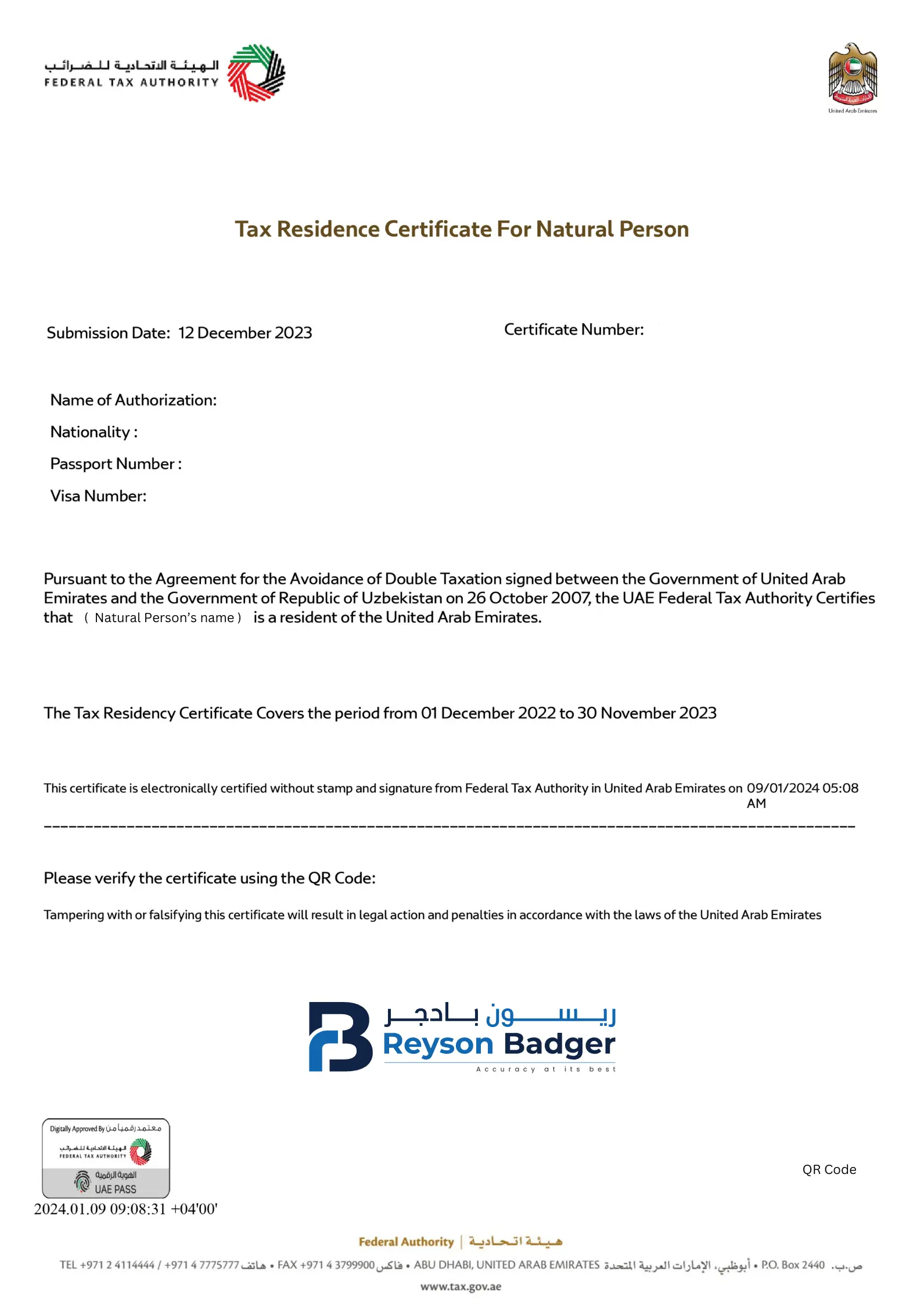 Tax Residency Certificate for Natural Person